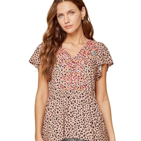 Savanna Jane Leopard Print Embroidered Peplum Top​ - Picture 1 of 7